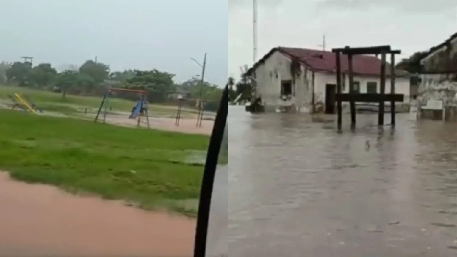 Casas e praça alagadas (Foto: Leitor Midiamax)