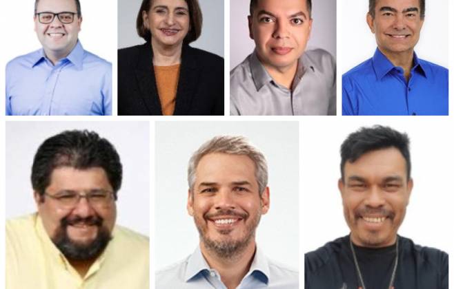 Alan Guedes, Bela Barros, Beto Teles e Mar&ccedil;al Filho (da esquerda para direita acima); Racib Harb, Tiago Botelho e Valderi Garcia (da esquerda para direita abaixo)