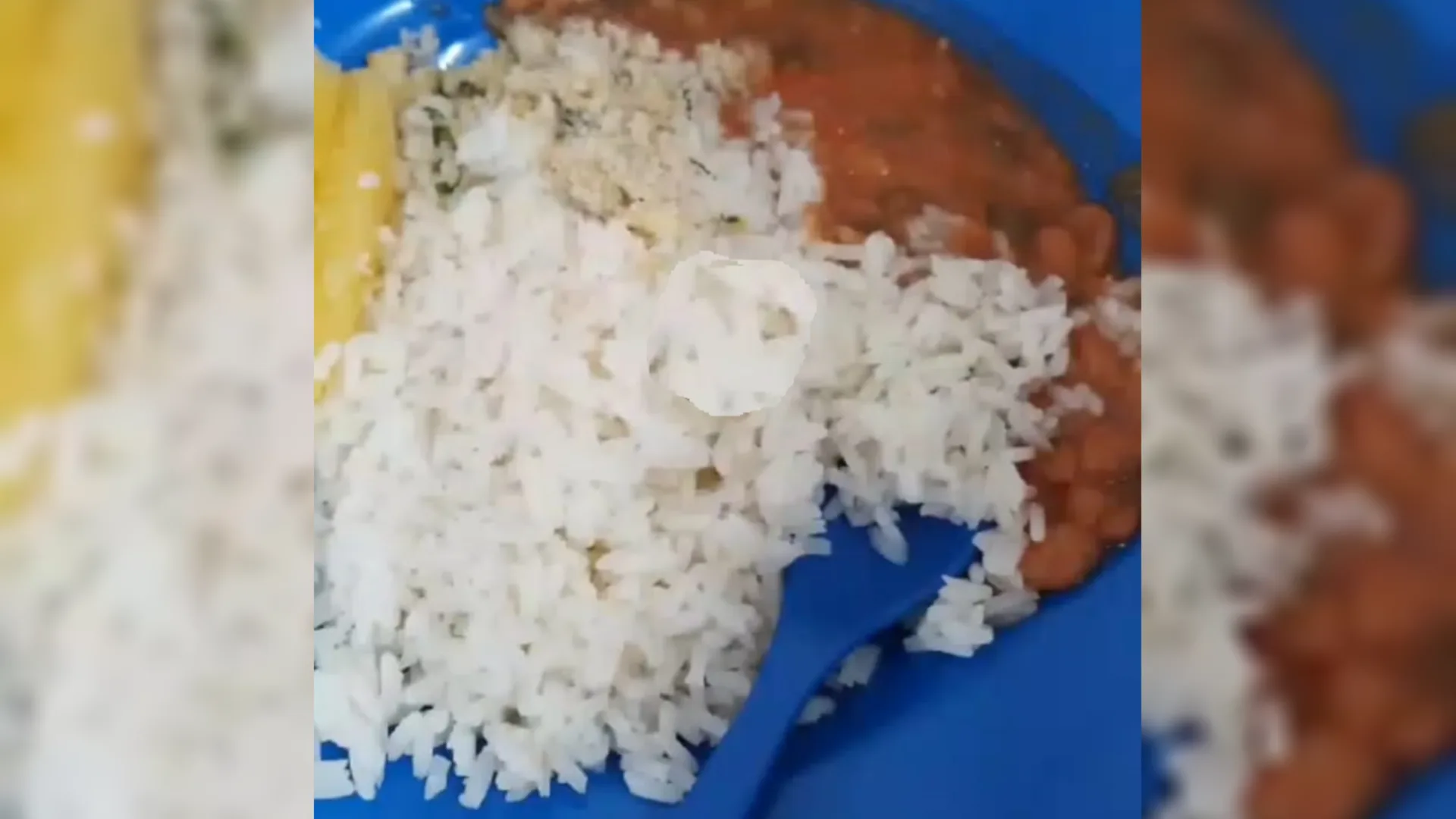 Leitora enviou foto da merenda desta semana: arroz, feijão e um pedaço de mandioca (Foto: Fala Povo, Midiamax)