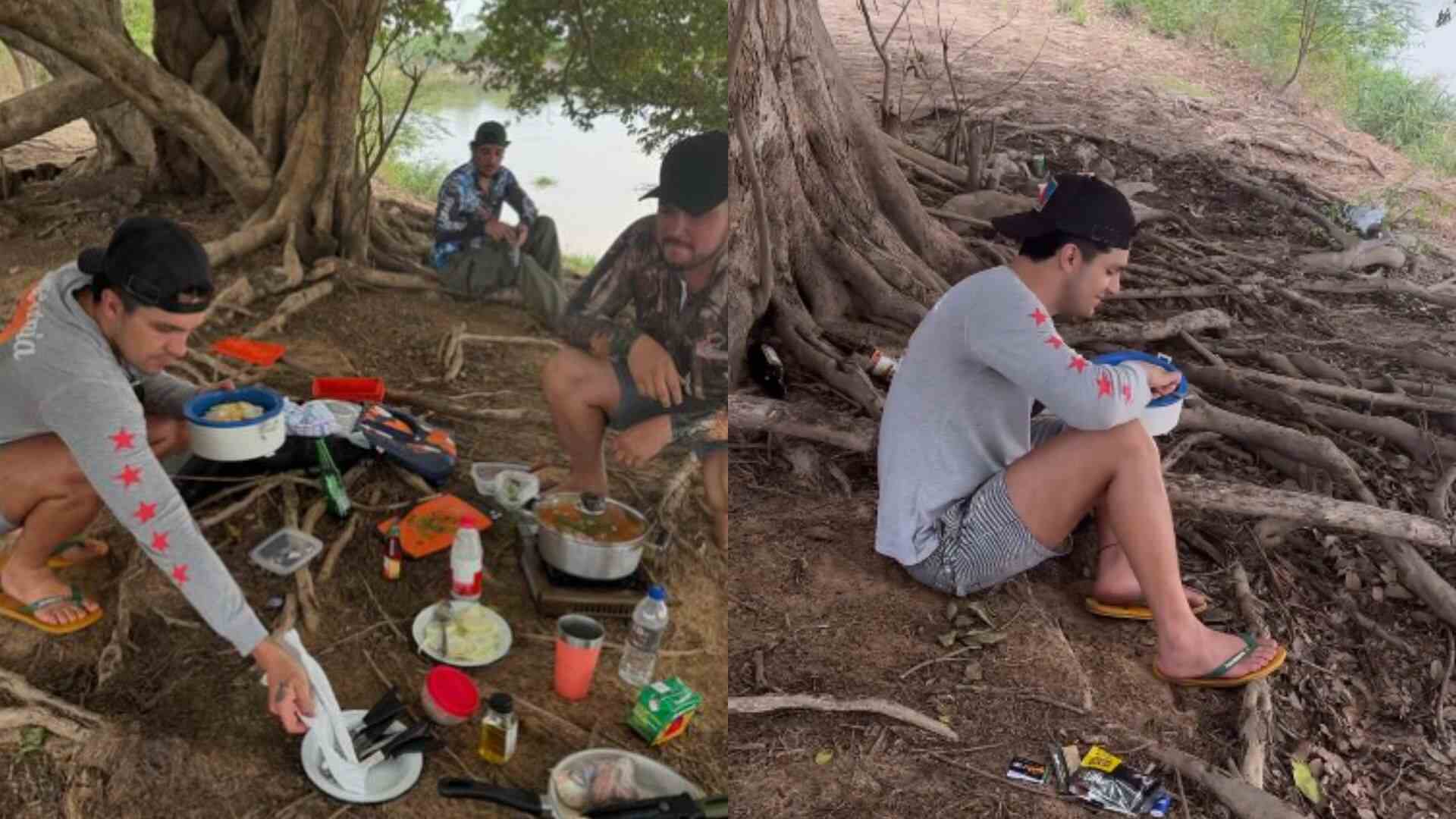 Cantor apareceu de chinelinho de dedo comendo marmita de moqueca em MS - (Fotos: Reprodução das Redes Sociais)